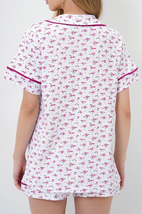 Papatya Desen Fuşya Tek Cepli Biye Detaylı Pamuklu Gömlek Ve Şortlu Pijama Takımı