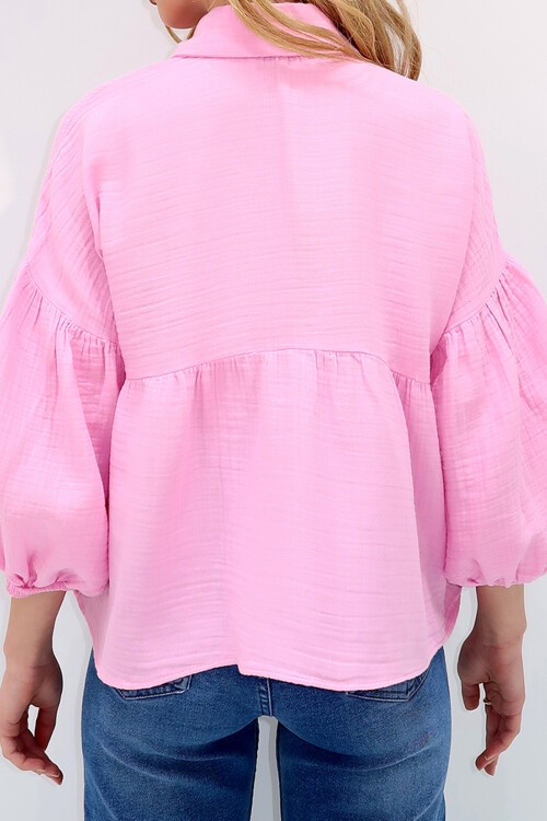 Pembe Balon Kol Lastikli Eteği Volanlı Keten Gömlek
