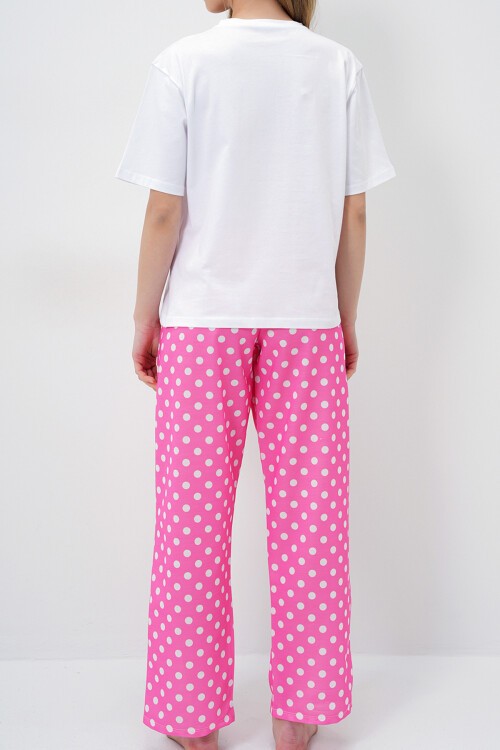 Pembe Bisiklet Yaka Basic T Shırt Ve Puantiye Desenli Pantolonlu Pijama Takımı