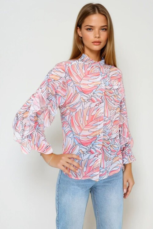 Pembe Hakim Yaka Kolları Volanı Desenli Şifon Gömlek