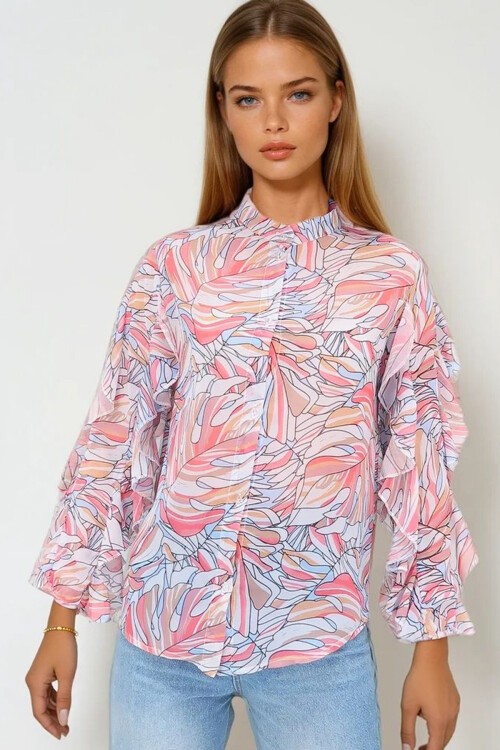 Pembe Hakim Yaka Kolları Volanı Desenli Şifon Gömlek