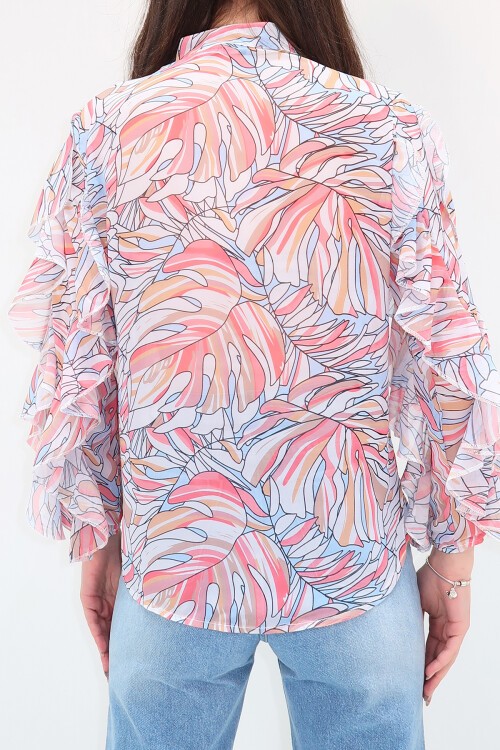 Pembe Hakim Yaka Kolları Volanı Desenli Şifon Gömlek