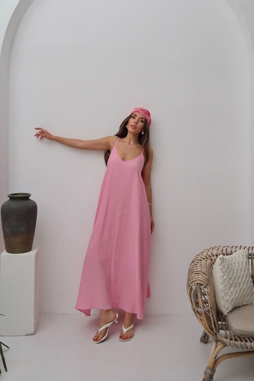 Pembe İp Askılı Salaş Astarlı Dökümlü Elbise