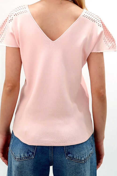 Pembe Ön Arka V Yaka Omuzu Ajurlu Triko Bluz