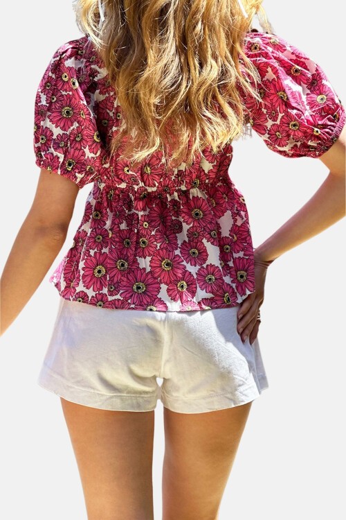 Pembe Öpücük Yaka Karpuz Kol Desenli Poplin Bluz