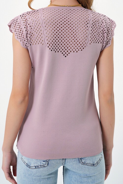 Pudra V Yaka Delik Ajurlu Mevsimlik Triko Bluz