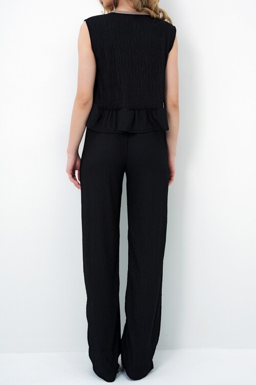 Siyah Bağlama Detaylı Biyeli Bürümcük Yelek Ve Pantolon Takım