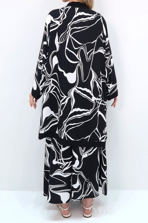 Siyah-Beyaz Geometrik Desenli Yazlık Oversize Kimono Basic Bluz Ve Palazzo Pantolon Takım