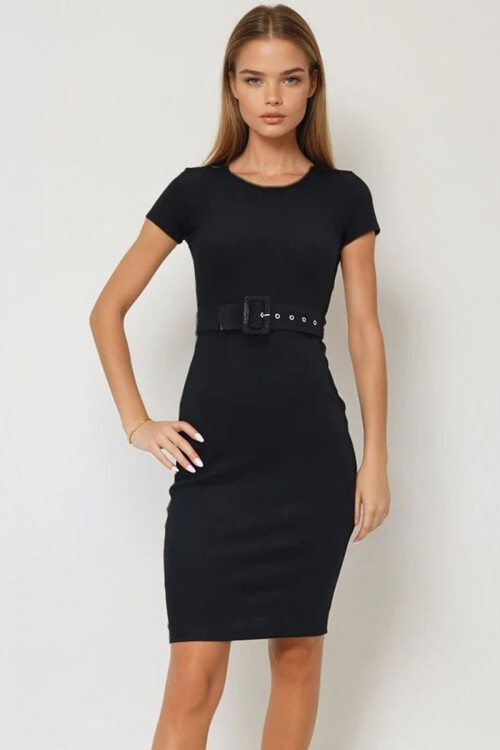 Siyah Bisiklet Yaka Kemerli Kısa Kol Kaşkorse Elbise