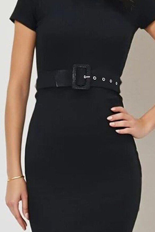 Siyah Bisiklet Yaka Kemerli Kısa Kol Kaşkorse Elbise