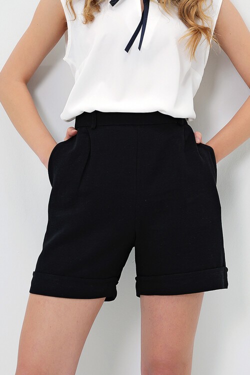 Siyah Çift Cepli Duble Paça Gizli Fermuarlı Keten Şort