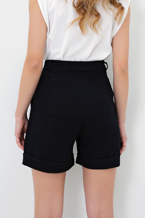 Siyah Çift Cepli Duble Paça Gizli Fermuarlı Keten Şort
