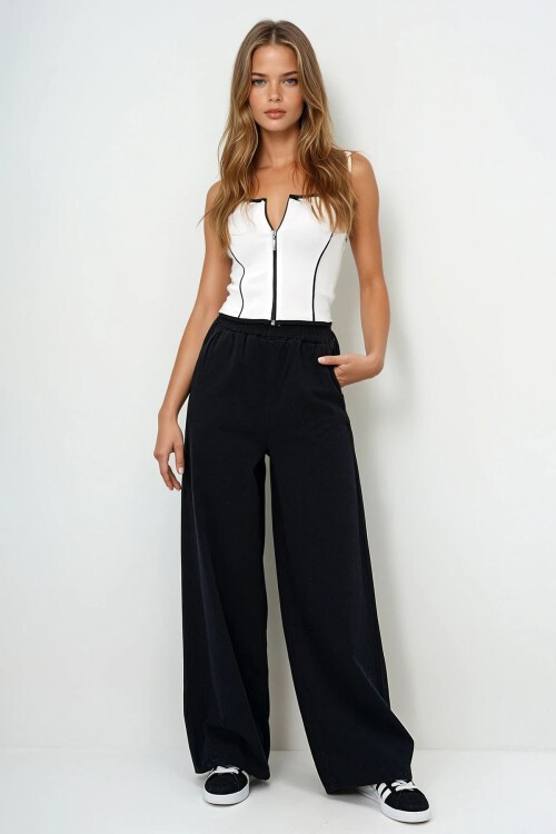 Siyah Çift Cepli Gabardin Palazzo Pantolon