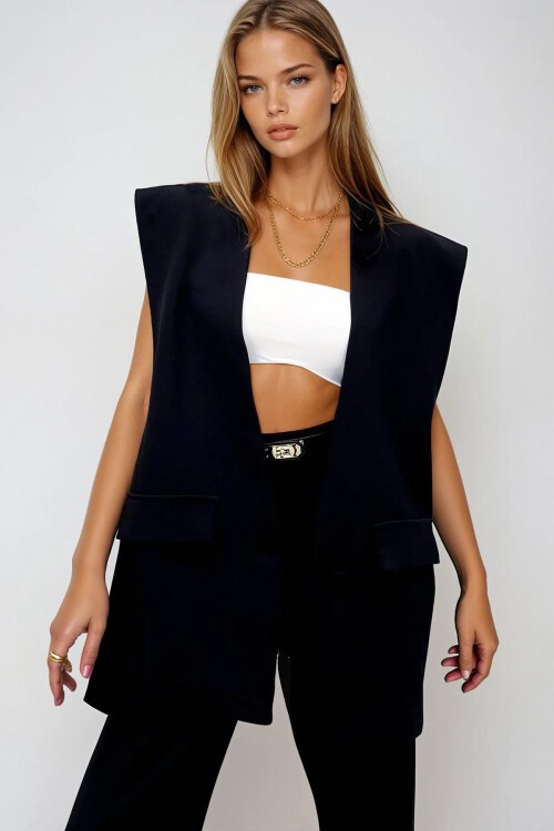 Siyah Çift Yırtmaçlı Tek Düğme Oversize Dokuma Çoban Yelek