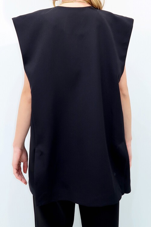 Siyah Çift Yırtmaçlı Tek Düğme Oversize Dokuma Çoban Yelek