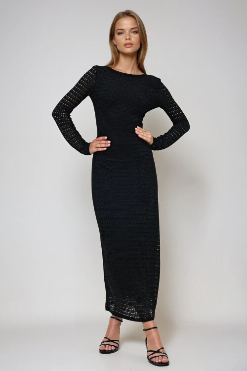 Siyah Derin Sırt Dekolteli İçi Astarlı Yazlık Triko Elbise