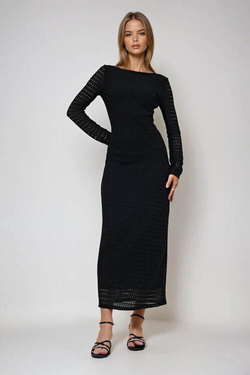 Siyah Derin Sırt Dekolteli İçi Astarlı Yazlık Triko Elbise