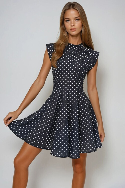 Siyah Dik Yaka Puantiye Desenli Kolsuz Dokuma Kloş Elbise