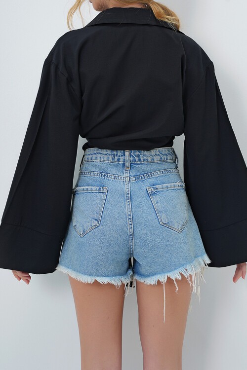 Siyah Geniş Manşetli Kol Detaylı Önü Bağlamalı Poplin Gömlek