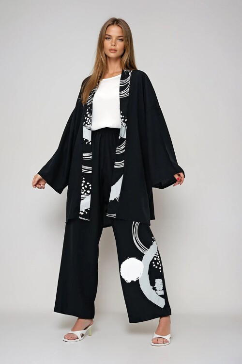 Siyah Geometrik Desenli Yazlık Oversize Kimono Basic Bluz Ve Palazzo Pantolon Takım