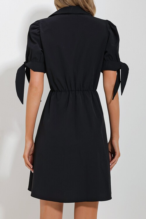 Siyah Gömlek Yaka Karpuz Kollu Poplin Elbise