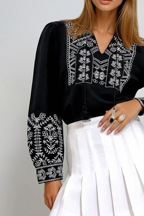 Siyah Hakim Yaka Püskül Detaylı Flamlı Keten Bluz