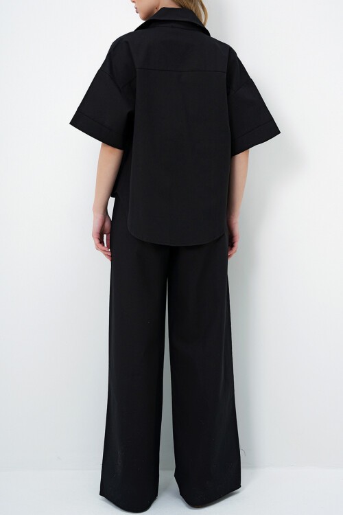 Siyah Keten Gömlek Ve Palazzo Pantolon Takım