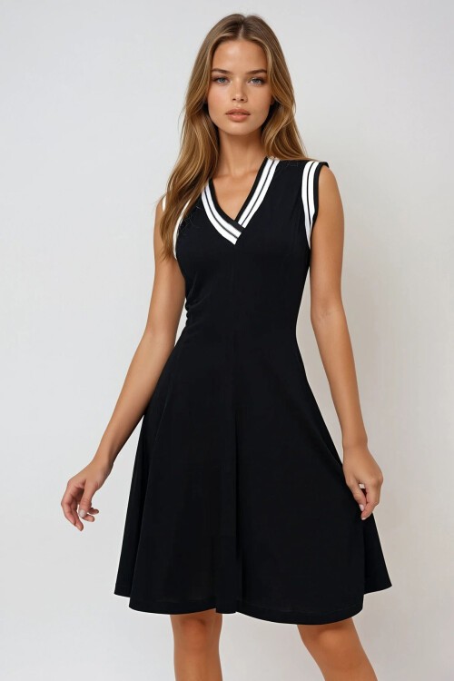 Siyah Kolları Ve Yakası Bant Detaylı Midi Boy Örme Elbise