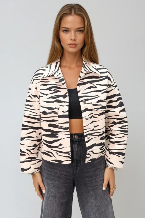 Siyah Krem Zebra Desenli Crop Jean Ceket