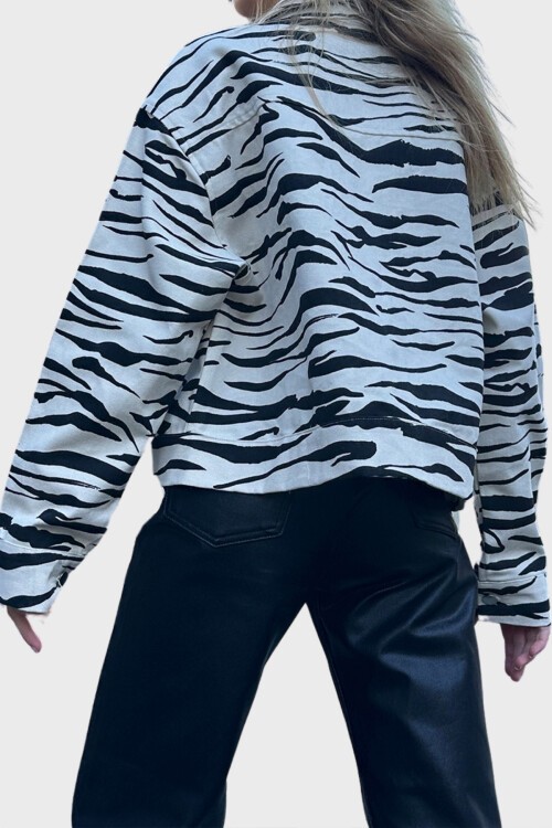 Siyah Krem Zebra Desenli Crop Jean Ceket