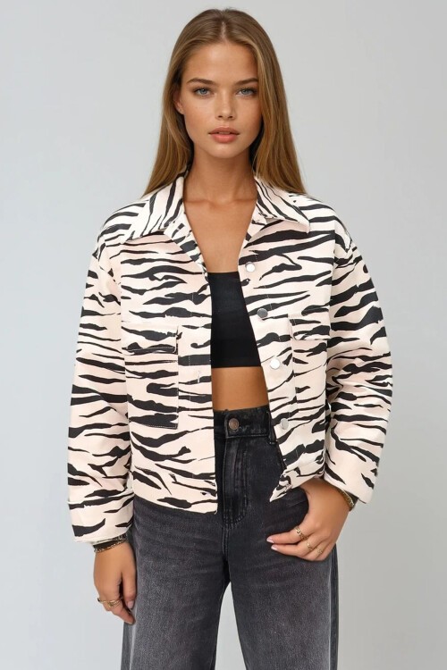 Siyah Krem Zebra Desenli Crop Jean Ceket