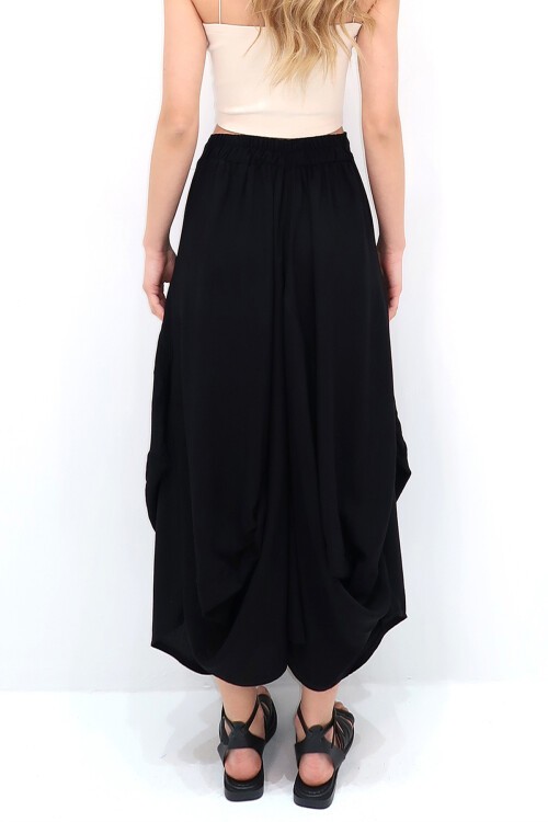 Siyah Nakışlı Çift Cepli Şalvar Kesim Dokuma Etek