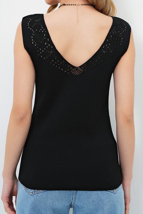 Siyah Ön Arka V Yaka Ajurlu Yazlık Triko Bluz