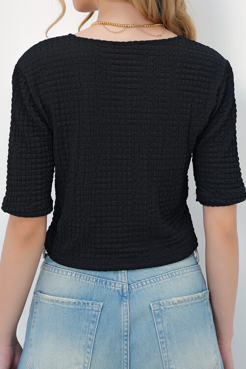 Siyah Önden Bağlamalı Kısa Kol Gofre Yazlık Bluz