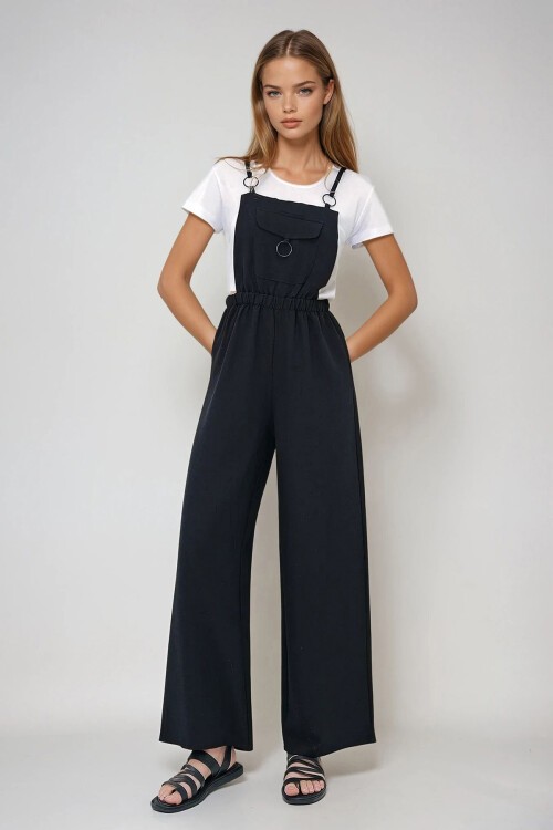 Siyah Önü Cepli Askılı Halka Detaylı Aerobin Salopet Pantolon