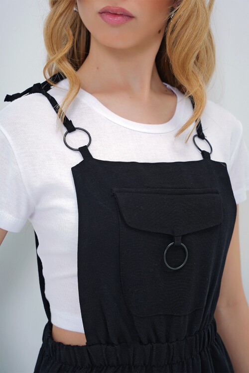 Siyah Önü Cepli Askılı Halka Detaylı Aerobin Salopet Pantolon