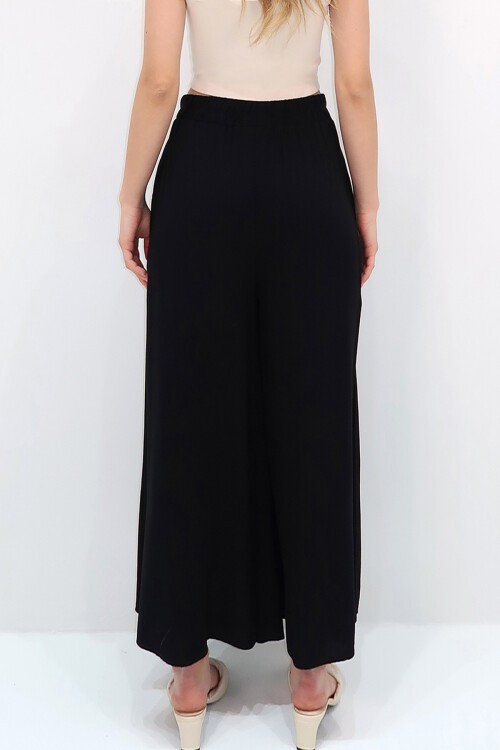 Siyah Taş Etnik Nakışlı Bağlama Detaylı Dokuma Viskon Palazzo Pantolon