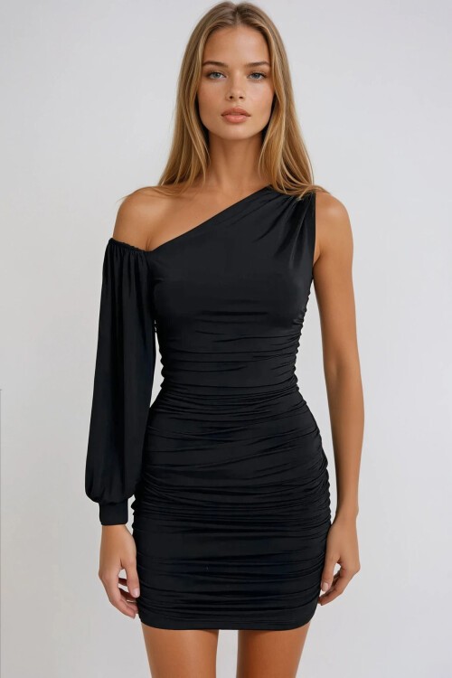 Siyah Tek Omuz Yanları Drapeli Midi Boy Sandy Elbise