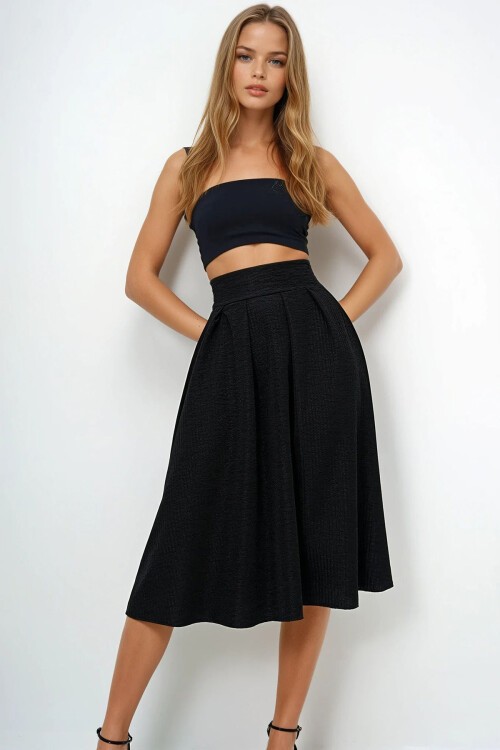 Siyah Yüksek Bel Geniş Kemerli Gizli Fermuarlı Midi Boy Dokulu Etek