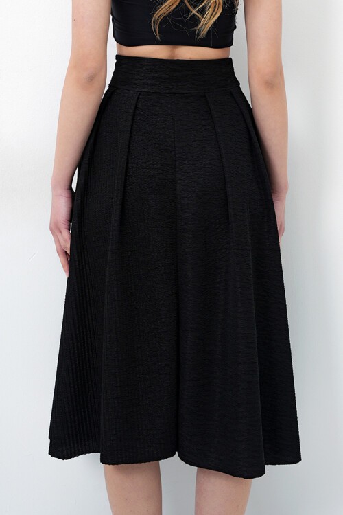 Siyah Yüksek Bel Geniş Kemerli Gizli Fermuarlı Midi Boy Dokulu Etek