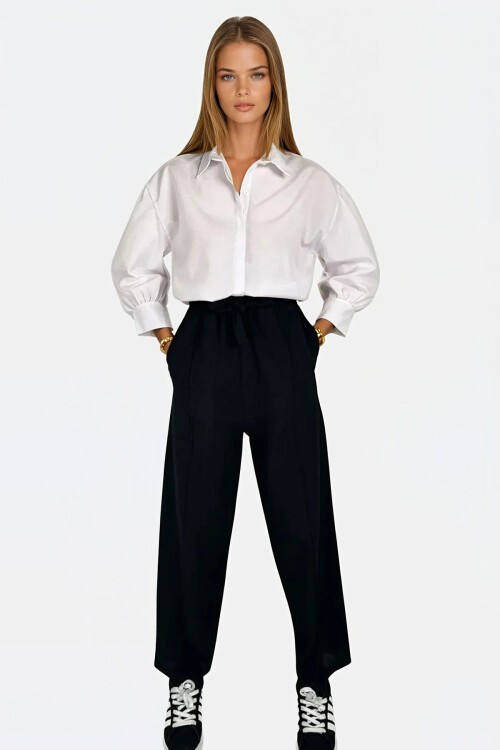 Siyah Yüksek Bel Önü Çimalı Çift Cepli Keten Palazzo Pantolon