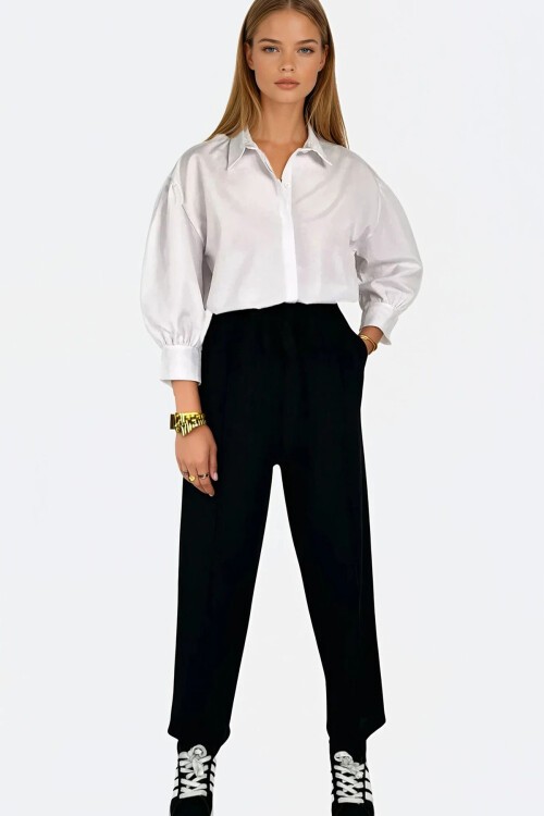 Siyah Yüksek Bel Önü Çimalı Çift Cepli Keten Palazzo Pantolon