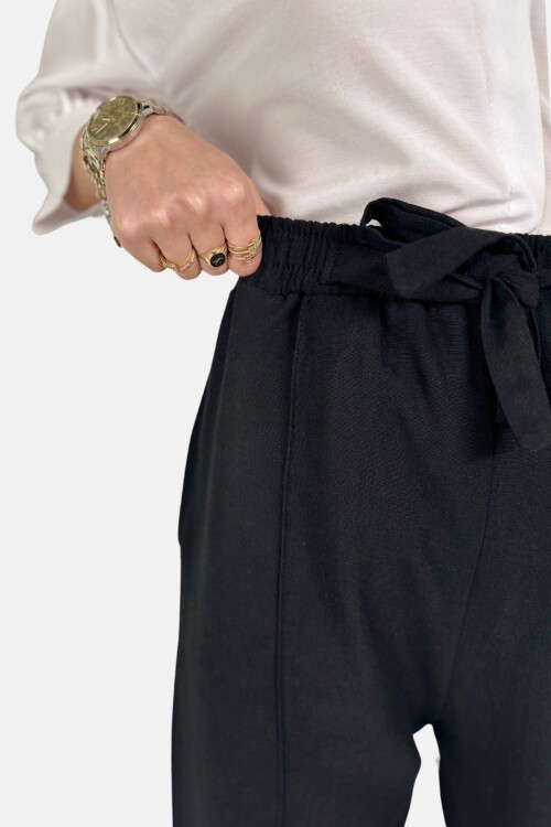 Siyah Yüksek Bel Önü Çimalı Çift Cepli Keten Palazzo Pantolon