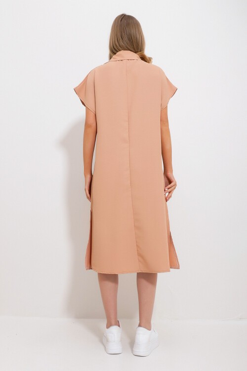 Soğan Kabuğu Polo Yaka Yanları Yırtmaçlı Dokuma Elbise