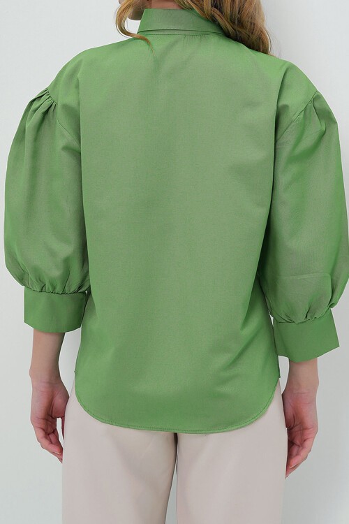 Su Yeşili Balon Kol Gizli Patlı Dokuma Gömlek