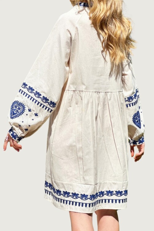 Taş V Yaka Nakışlı Ham Keten Elbise