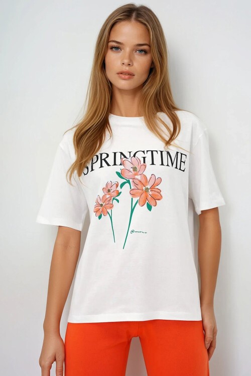 Turuncu Bisiklet Yaka Baskılı T Shirt Ve Düz Renk Pantolonlu Pijama Takımı