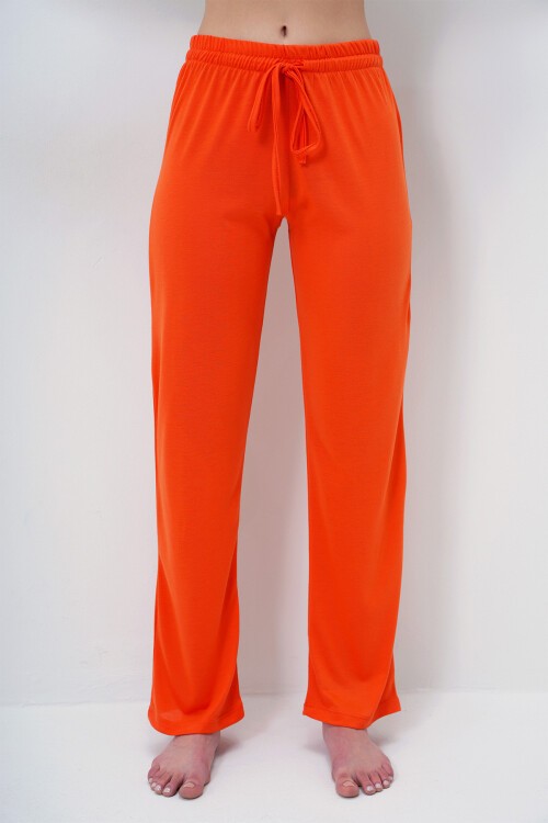 Turuncu Bisiklet Yaka Baskılı T Shirt Ve Düz Renk Pantolonlu Pijama Takımı