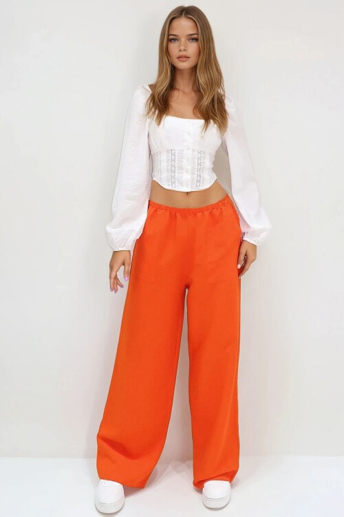 Turuncu Çift Cepli Beli Lastikli Keten Geniş Paça Pantolon