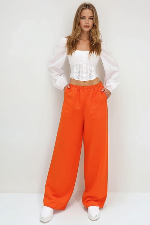 Turuncu Çift Cepli Beli Lastikli Keten Geniş Paça Pantolon